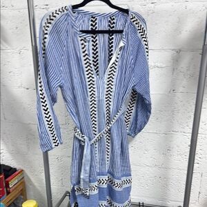 Lemlem Blue and White Patterned Dress with Belt - Like New - Size Small